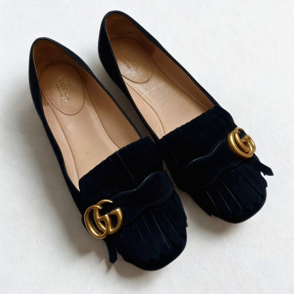 Authentic Gucci Marmont Black Suede Fringe Ballet Flats